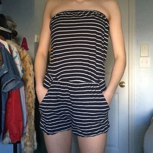 Blue and white striped romper.